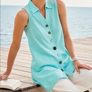 Soft Surroundings Med Danielle Turquoise Sleeveless Mismatch Button Tank NWT